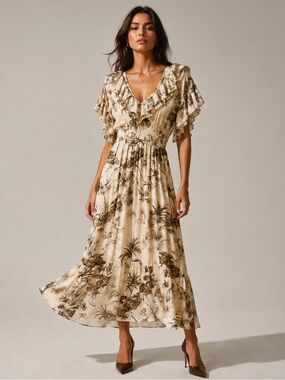 Sandro Cream Maxi Dress with Brown Scenic Print